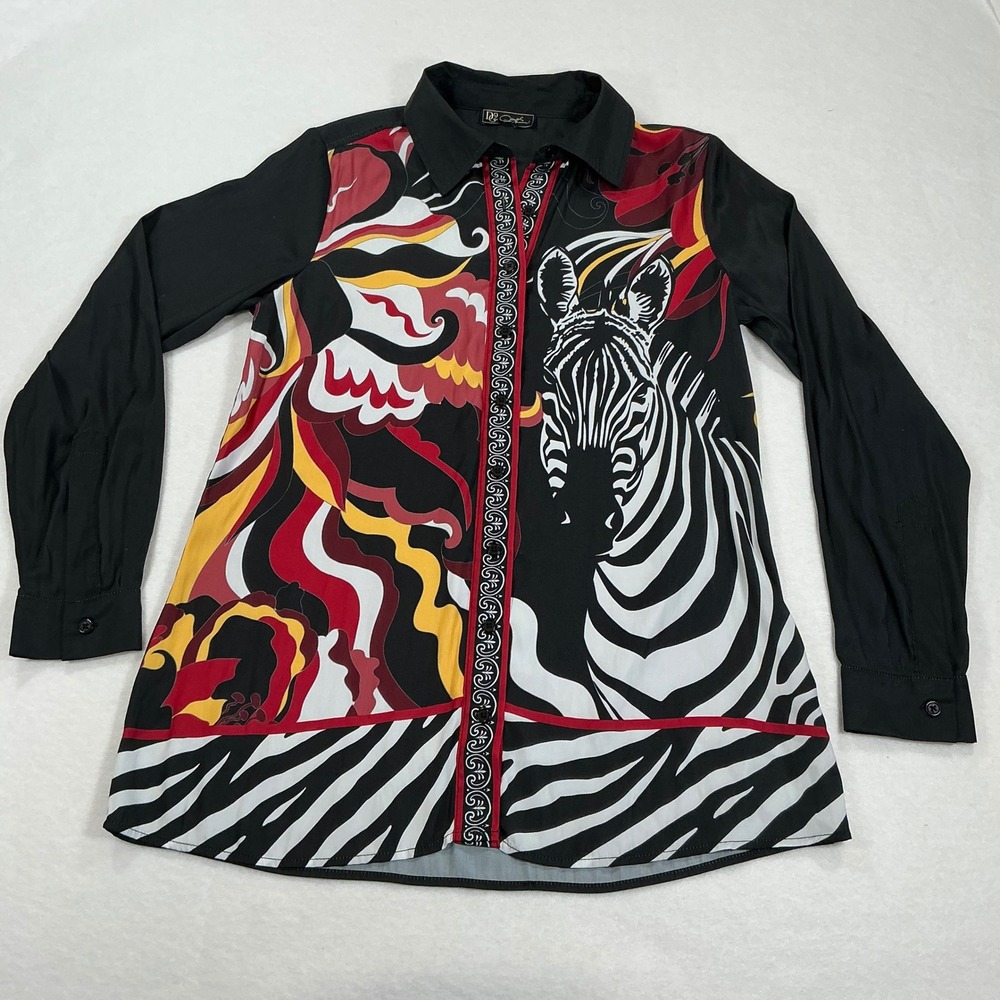 DG2 Diane Gilman Zebra Print Button Front Tunic Top Black Red Yellow Blouse L/S